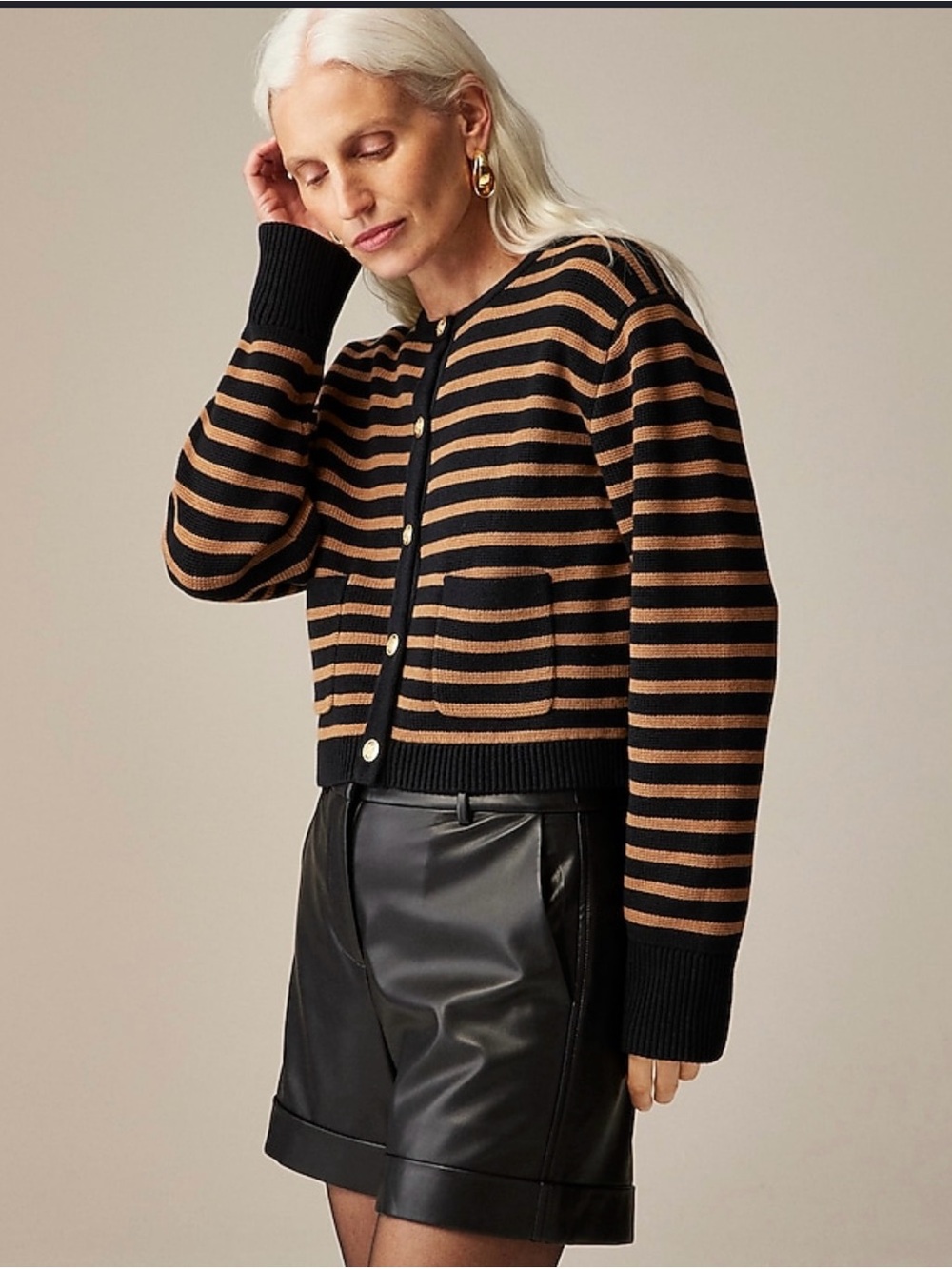 100% Cotton J Crew Emilie Striped Black and Tan Button Cardigan